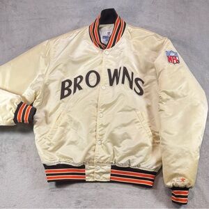 Vintage 90’s Pro Line Cleveland Browns Satin Starter Jacket Size Large Cream Tan